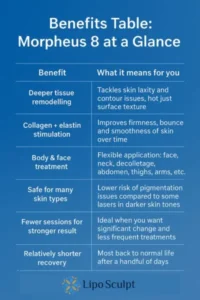 How Often Can I have Morpheus 8? 3 Table showing the benefits of Morpheus 8 treatment from Lipo Sculpt Bovingdon